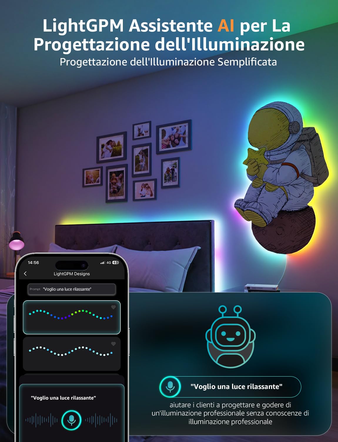 Lepro S1 AI Striscia LED 15M, Smart Striscia LED Funziona con Alexa/Google Assistant,Strisce LED Camera da Letto,DIY Segmentato Sync Musicale Luci Natale,Assistente di Progettazione Illuminotecnica AI