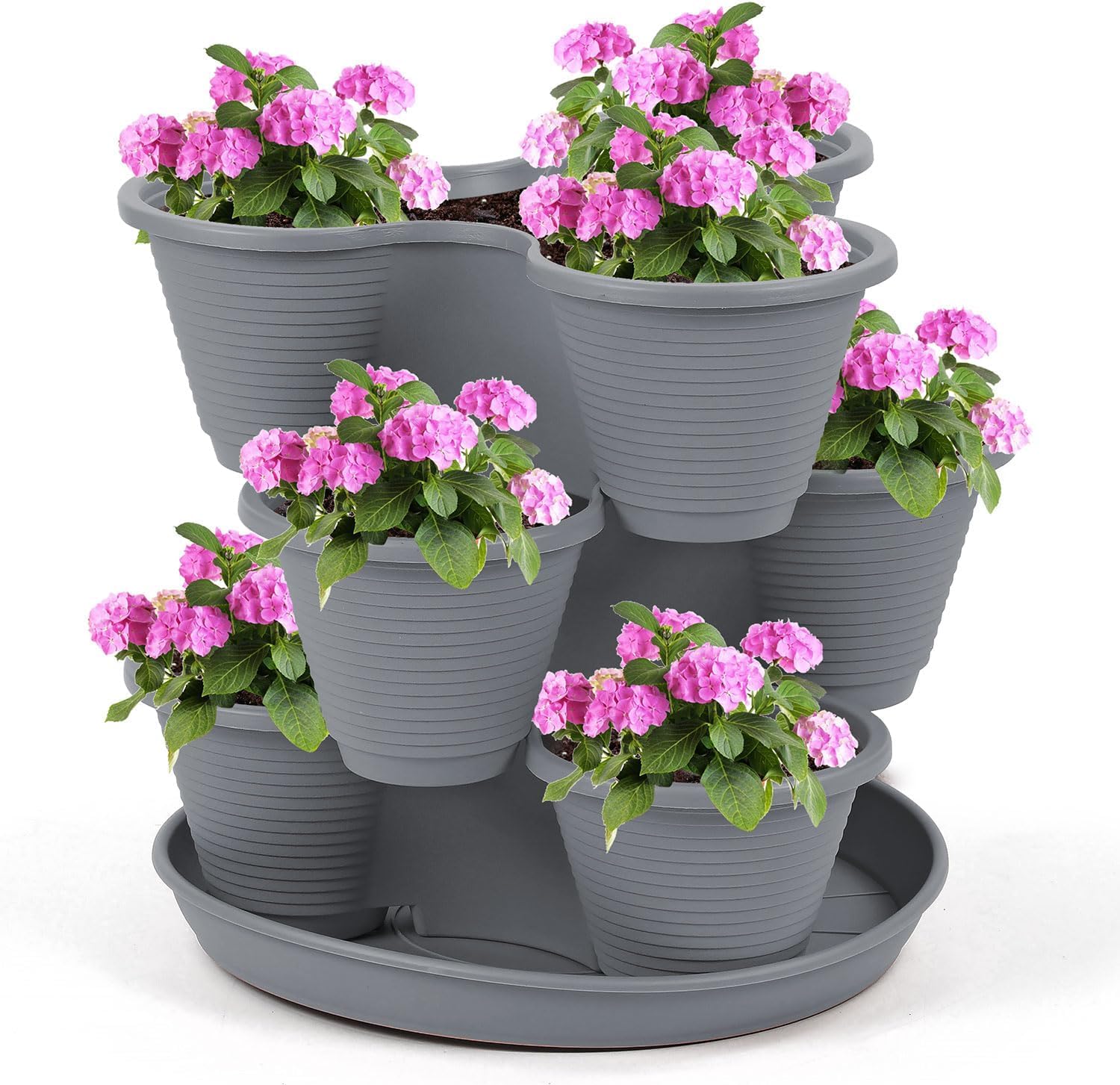 Greenfields Charcoal 3 Tier Stackable Herb, Flowers, Vegetable, Berry Planter - Indoor Or Outdoor Stackable Weather Resistant Planters - Tri-Pot Strawberry Vegetable Patch (Charcoal)