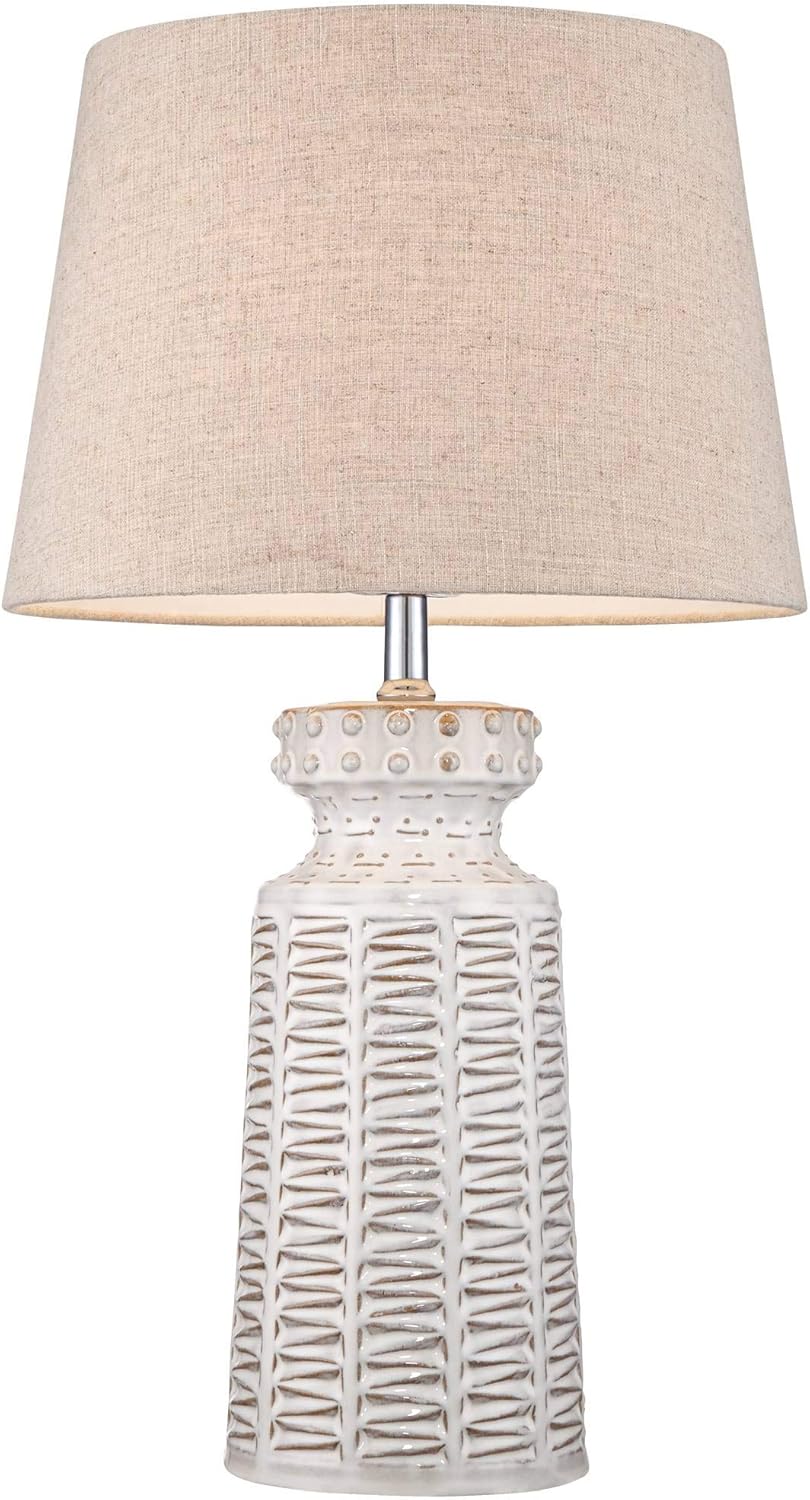 Set of 2 White Ceramic Table Lamps with Beige Fabric Shades