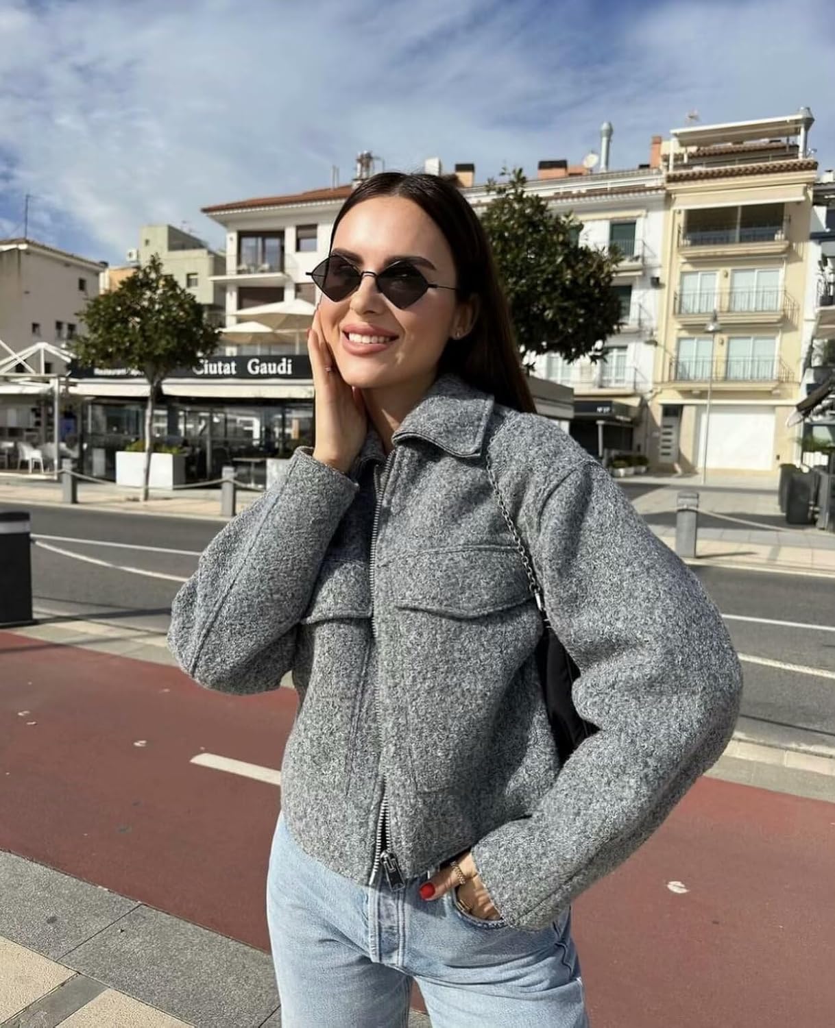 hathne Women's Wool Coat Casual Copped Bomber Jacket Zip Up Fall Shacket Coat Outerwear with Pockets - Image 2