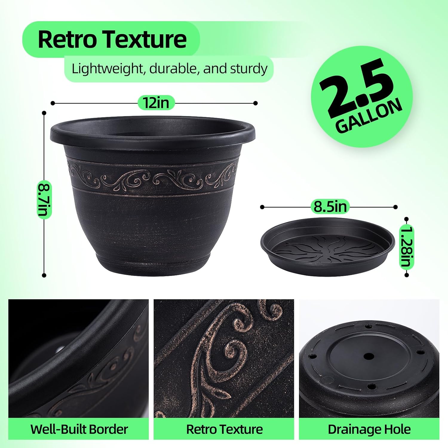 QCQHDU 12 inch Retro Plant Pots, 3 Pack Plastic Planters for Indoor & Outdoor Plants Flower Pot with Drainage Hole and Saucer