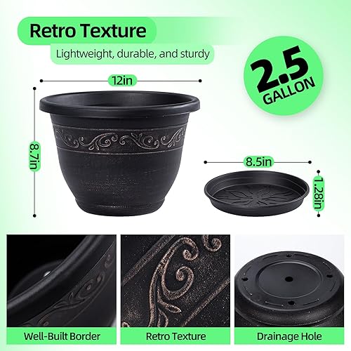 Miniatura 2 de QCQHDU Macetas para plantas, paquete de 3 macetas de 12 pulgadas con platillo de orificio de drenaje, macetas de plástico para plantas de interior,