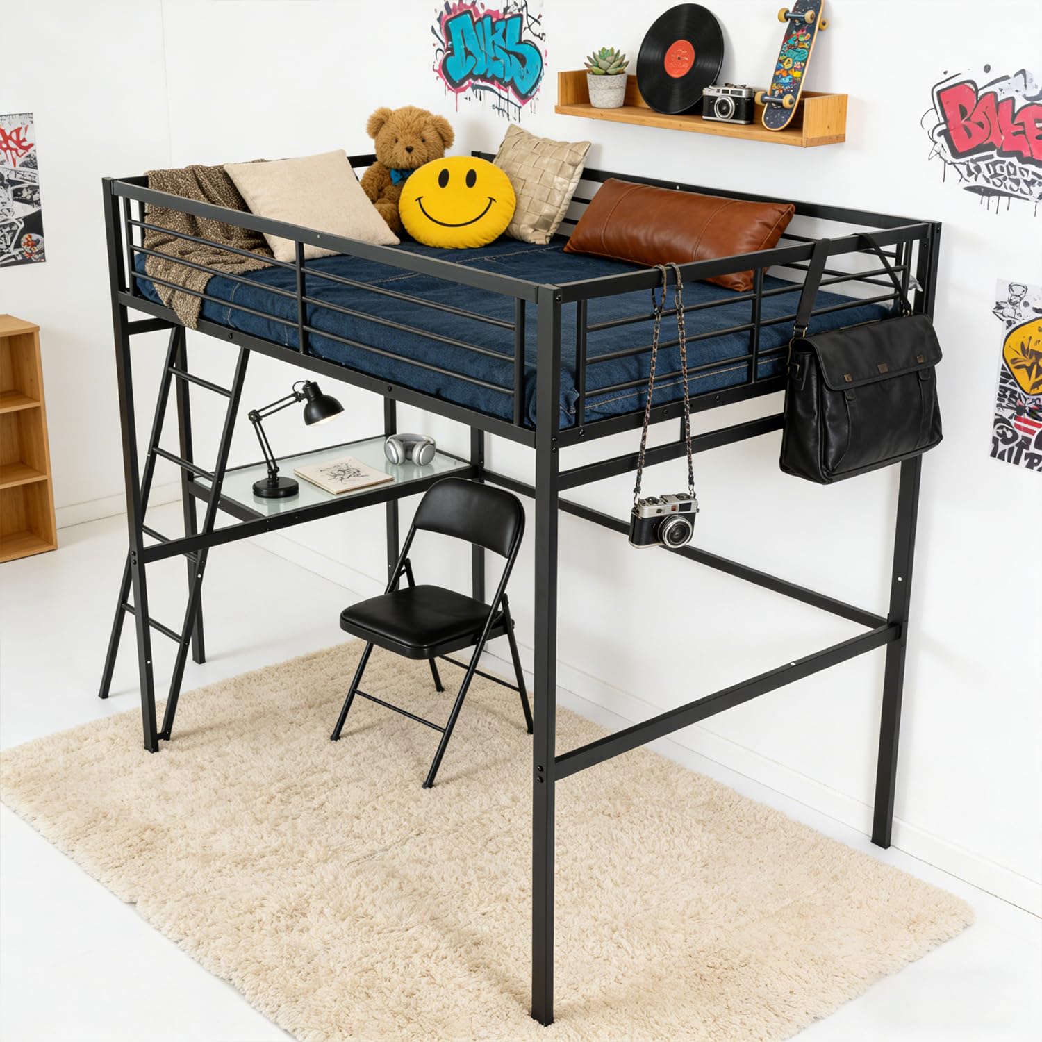 Meubles Cosy Lit Mezzanine 2 Places 140x190cm avec Bureau, Noir