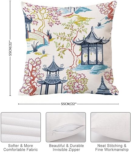 Vista 906 de ArogGeld Chinoiserie - Fundas de almohada escénicas asiáticas, estilo asiático, funda de almohada azul y verde Kelly, funda de cojín para decoración