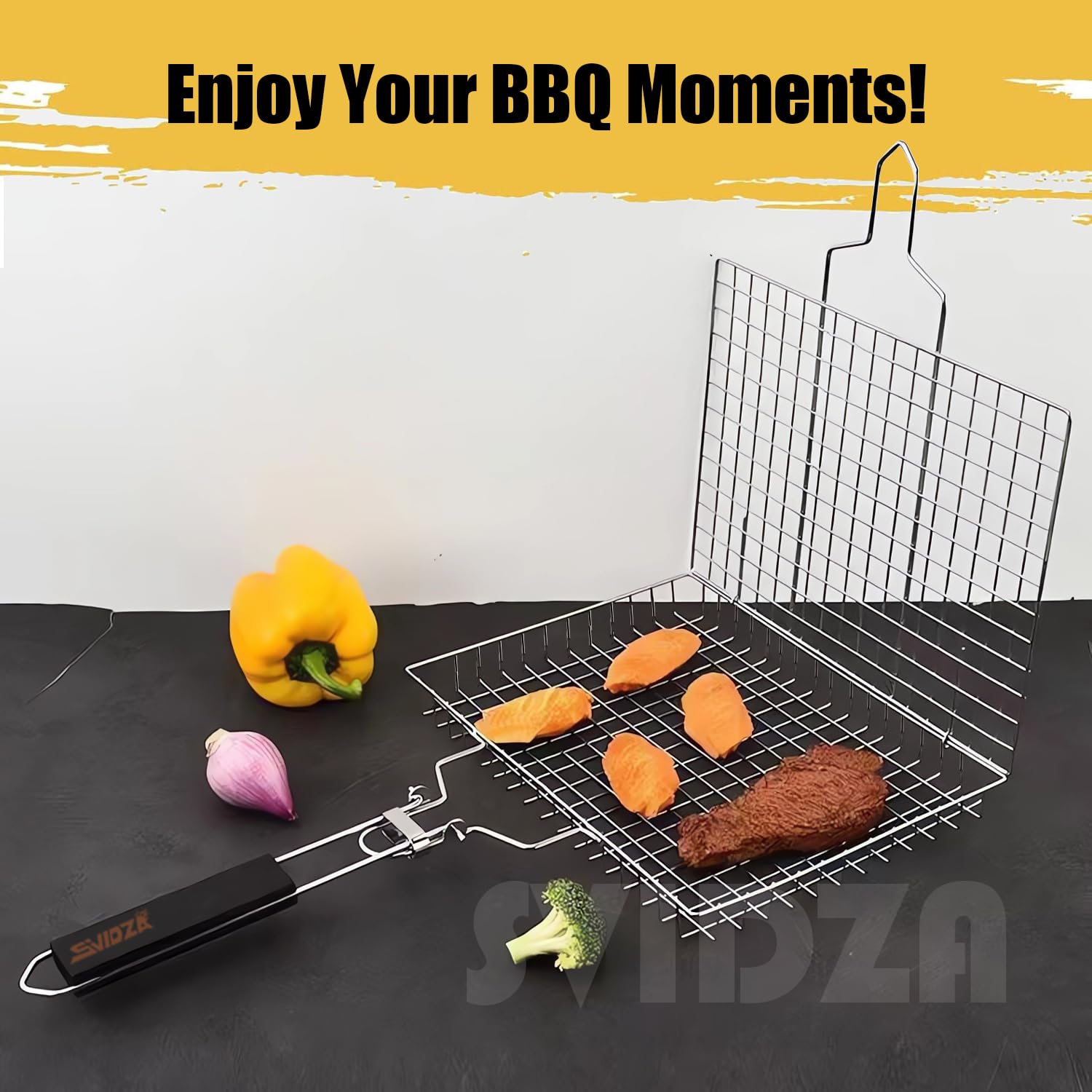 Panier De Cuisson Anti-adhésif En Acier Inoxydable 304 - Pour Grill, Poisson, Légumes, Steaks | Poignée Réglable En Bois, Pliable - 14