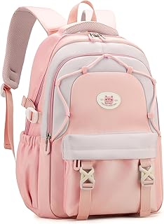 Tanou Backpack School Girls Teenagers 30L Nylon School Backpack for Girls 3rd 9th Grade Casual School Bag Kids School Bag with Trolley Loop and Pendant, pink