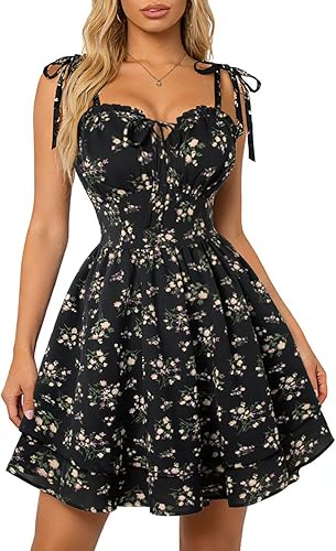Scarlet Darkness Floral Mini Dress for Women Teens Summer 2026 Fairy Corset Sundress Graduation Dresses Black Floral XXL
