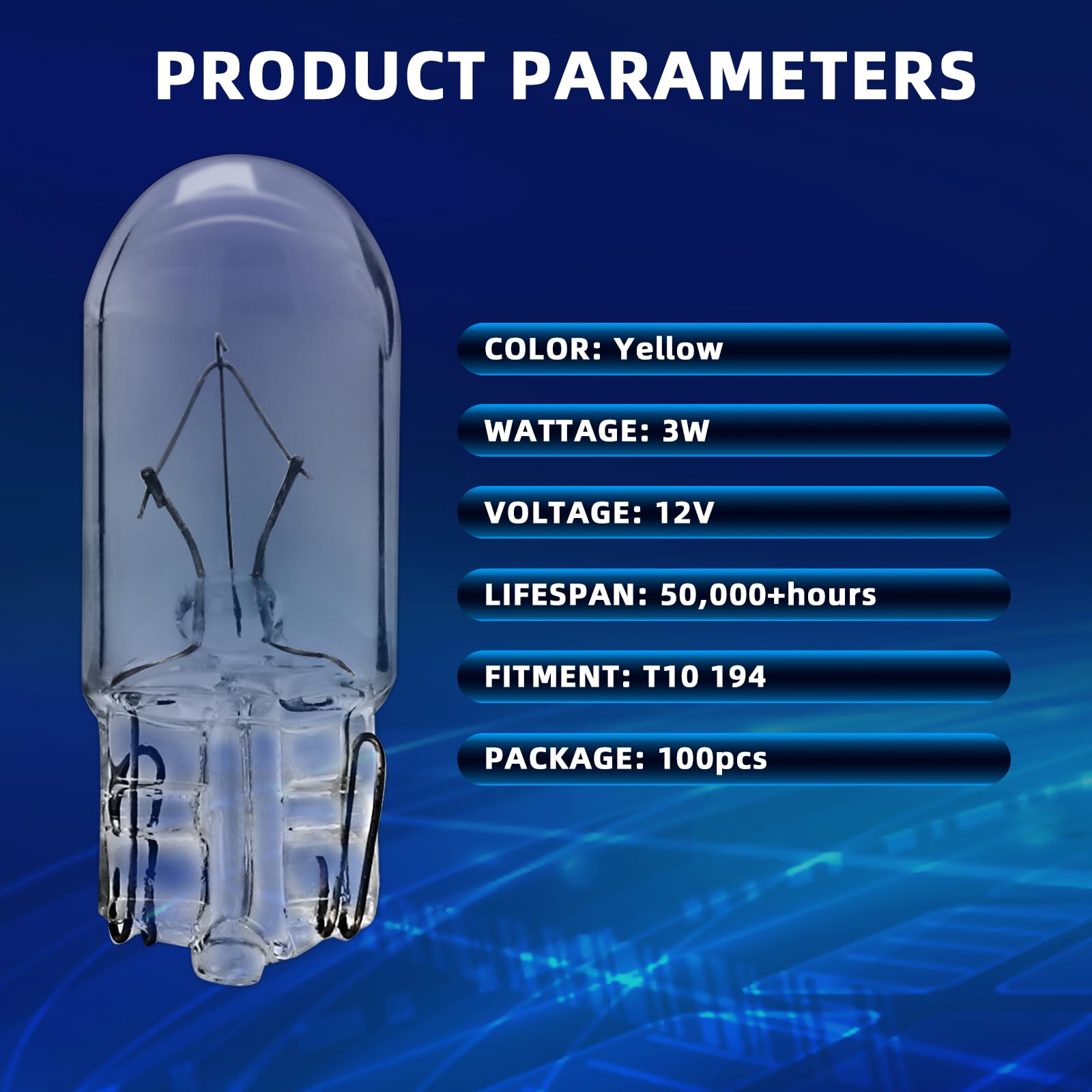 Bombilla incandescente T10 194, de cuña, incandescente, panel de instrumentos, luces de señal para automóviles y motocicletas, paneles de instrumentos (12 V3 W, 100 paquetes)