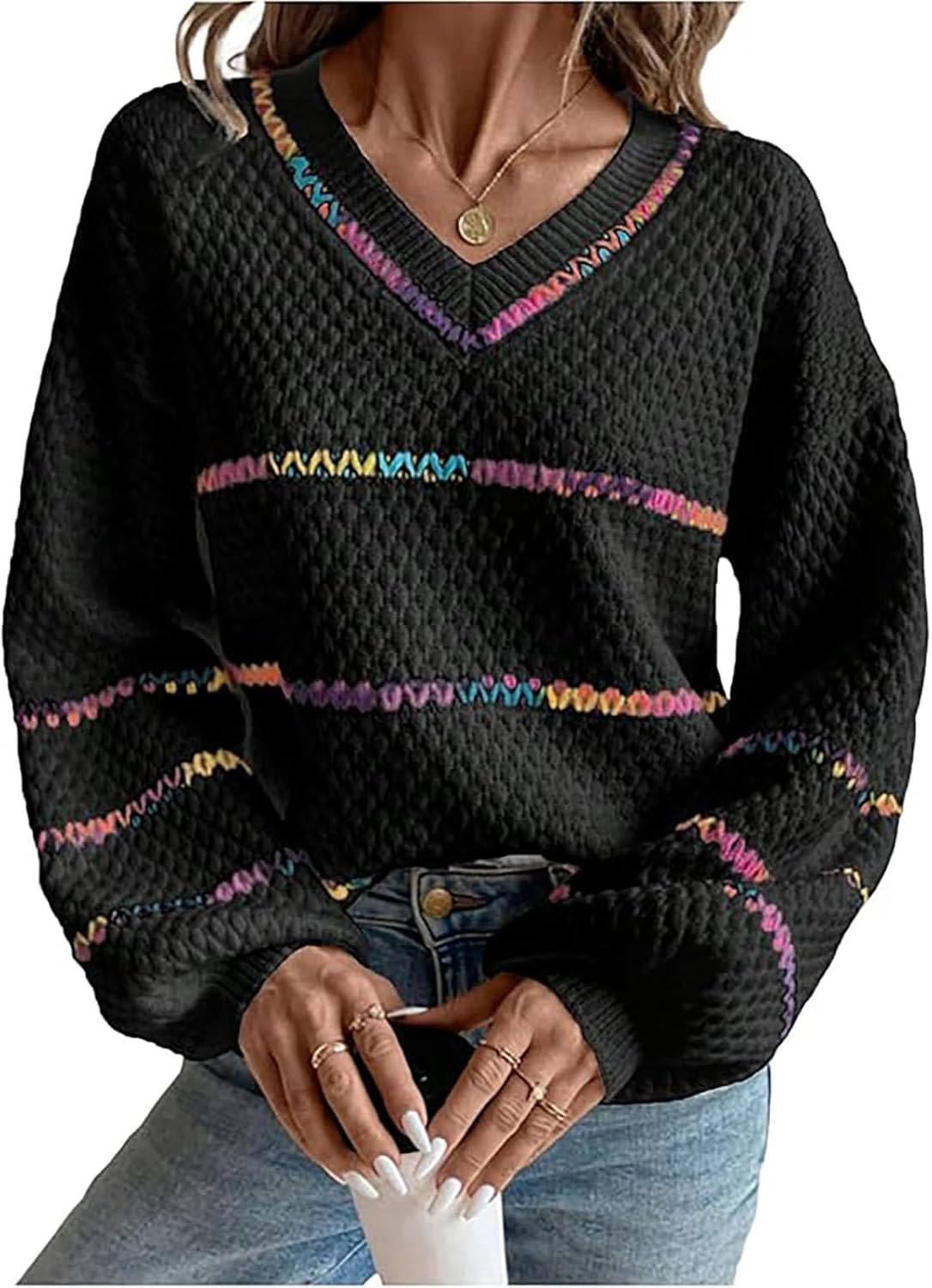 Womens Fall Sweaters Oversized Pullover V Neck Stripe Long Sleeve Drop Shoulder Knit Top Loose Rainbow Chunky Top
