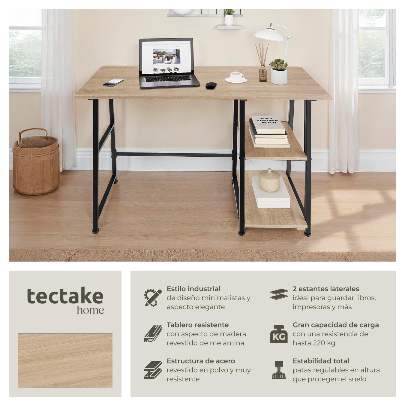 tectake® Mesa Escritorio con 2 Estantes Integrados, Pies Ajustables, Moderno Escritorio para Ordenador, Mesa Oficina, Fácil Montaje - 120 x 50 x 73,5 cm Madera Industrial Clara, Roble Sonoma