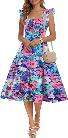 Rooscier Womens Smocked A Line Dress Square Neck Ruffle Sleeveless Tiered Midi Sundress