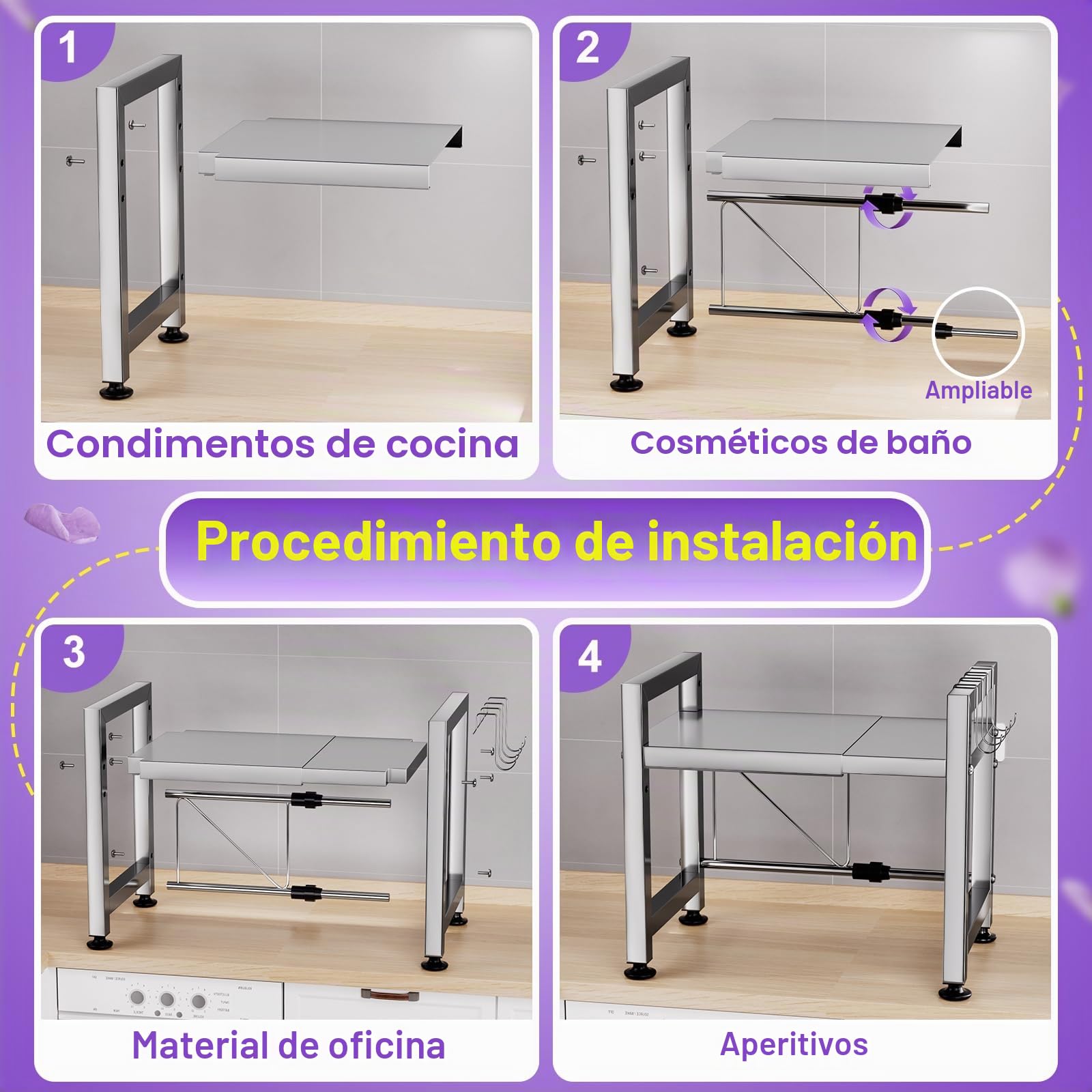 Estante extensible para horno de microondas, estante ajustable sobre microondas, soporte de encimera de acero inoxidable de 2 niveles con 4 ganchos para utensilios de cocina, almacenamiento de
