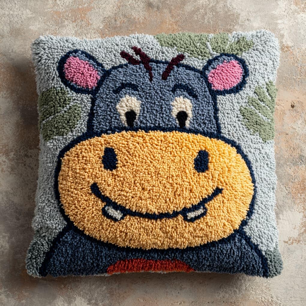 WallustrioaW Latch Hook Kit Cushion,Cartoon Hippo