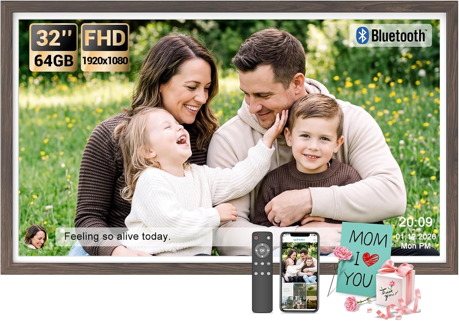 BSIMB Large Digital Picture Frame 32 Inch, 64GB 1920x1080 FHD WiFi Digital Photo Frame Electronic, Wall Mount Included, Share Pictures/Videos via App Easy Setup Gifts for Mom(Non-Touch), Dark Wood