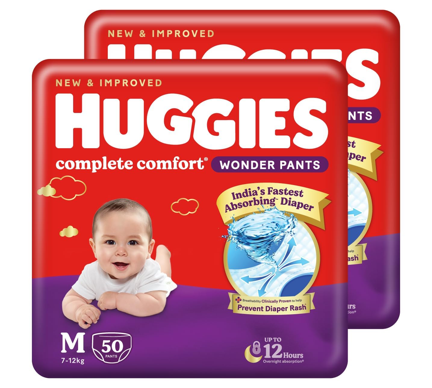 - Huggies Complete Comfort Wonder Pants | Pant Style Baby Diapers Medium Size (M), 100 Count | India's Fastest Absorbing Diaper, Prevents Diaper Rash, Ideal for 7 to 12 Kgs (50 Count, Pack of 2)