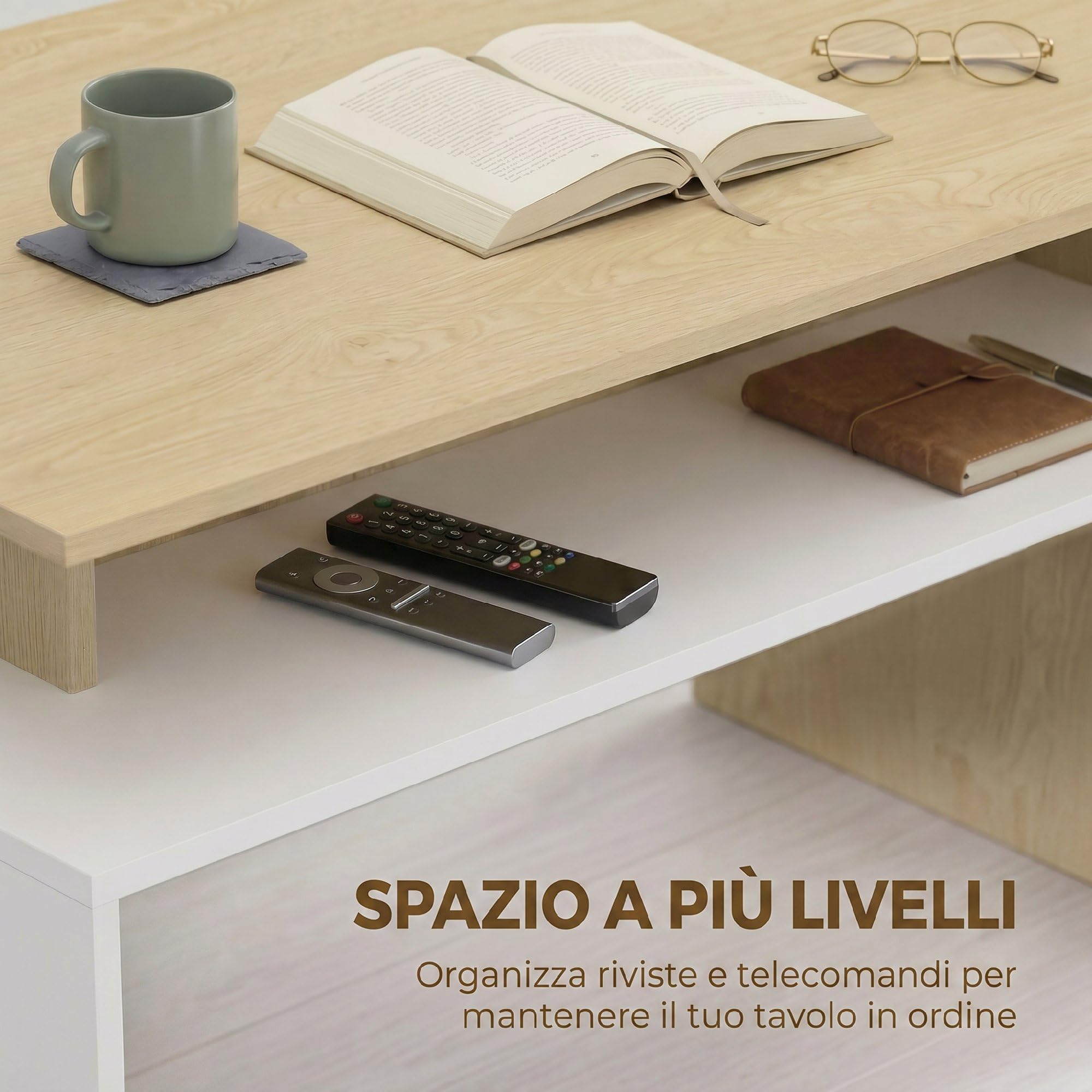 HOMCOM Tavolino da Caffè, Tavolino Salotto Moderno Bicolore con Mensola Sfalsata, Tavolo Soggiorno per Casa Ufficio, 95 x 55 cm, Legno Naturale e Bianco