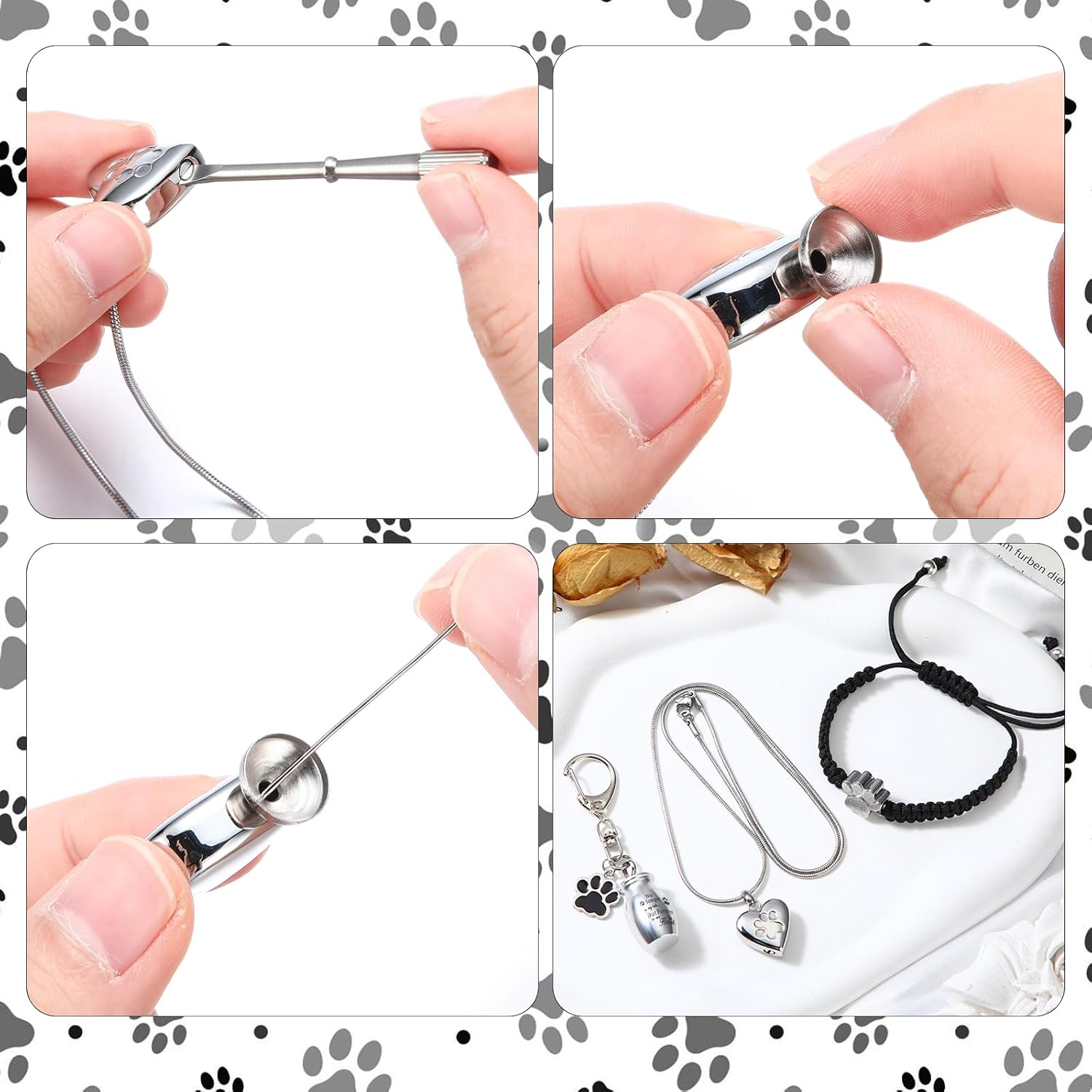 Tondiamo 3 Pcs Pet Cremation Jewelry for Ashes Dog Urns Keychain Cat Heart Urn Necklace Paw Print Bracelet Memorial Keepsake for Ashes with Filling Kit Storage Bag(Silver) - Image 3
