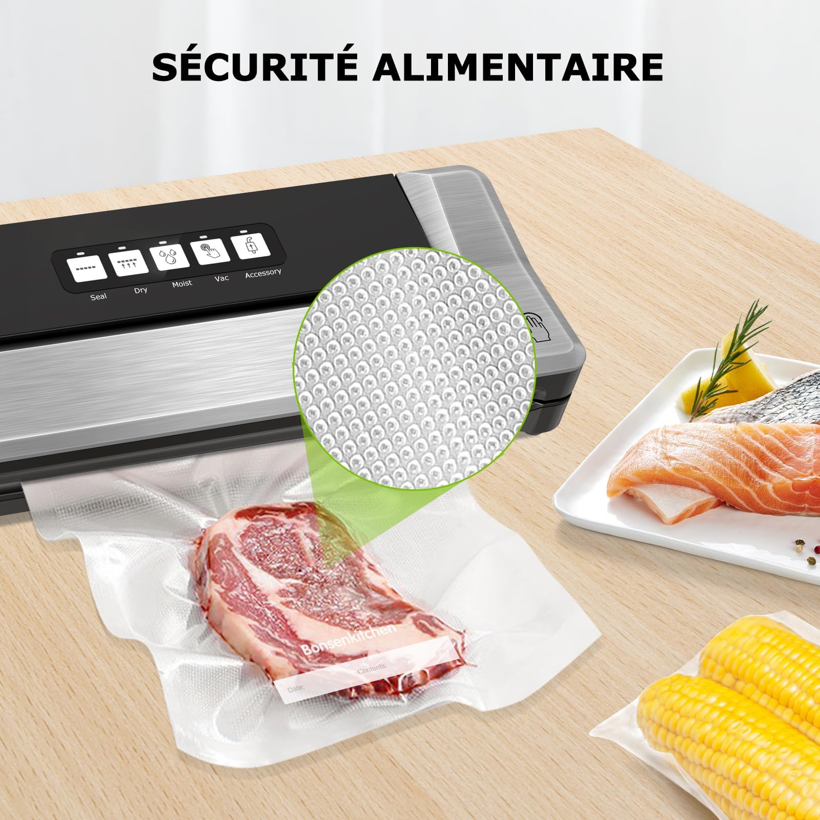 Bonsenkitchen Sacs Sous Vide Alimentaire 100 Sachets 20 x 30 cm pour Machine Sous Vide - Sacs à Faire le Vide d'air Gaufrés pour la Conservation des Aliments et la Cuisson, VB3205