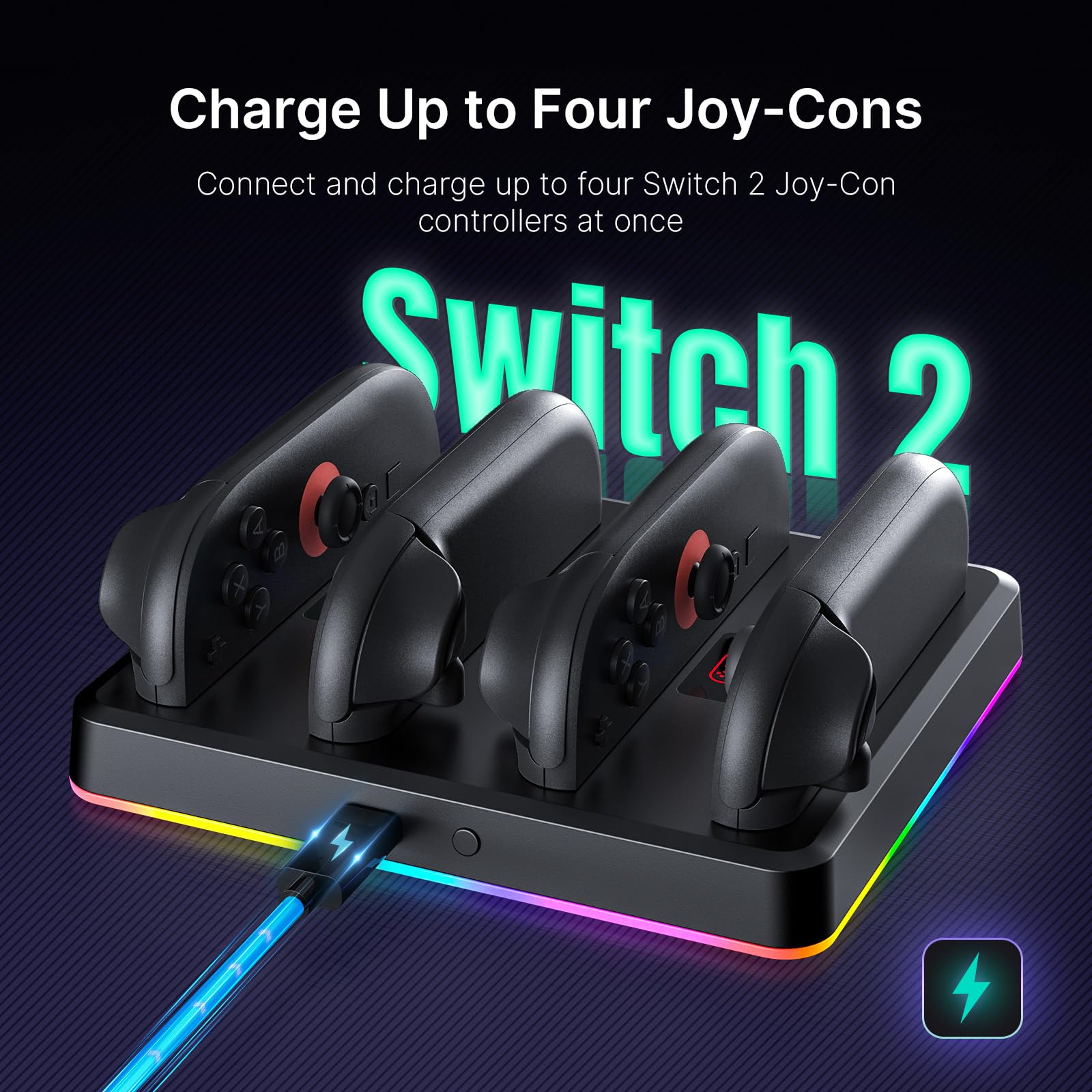 NexiGo Verbesserte Controller-Ladestation kompatibel mit Nintendo Switch 2, Ladestation für Joy-Cons mit Mehreren RGB-Lichtmodi, Tonbenachrichtigungen, LED-Anzeigen, integriertem Ständer