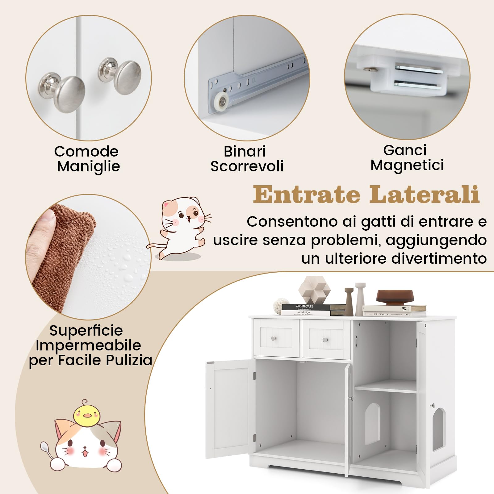 COSTWAY Lettiera Nascosto per Gatti con 2 Cassetti e 3 Porte, Bianco | Mobile Laterale per Gatti con Dispositivi Anti-Ribaltamento e Armadio Moderno per Animali Domestici