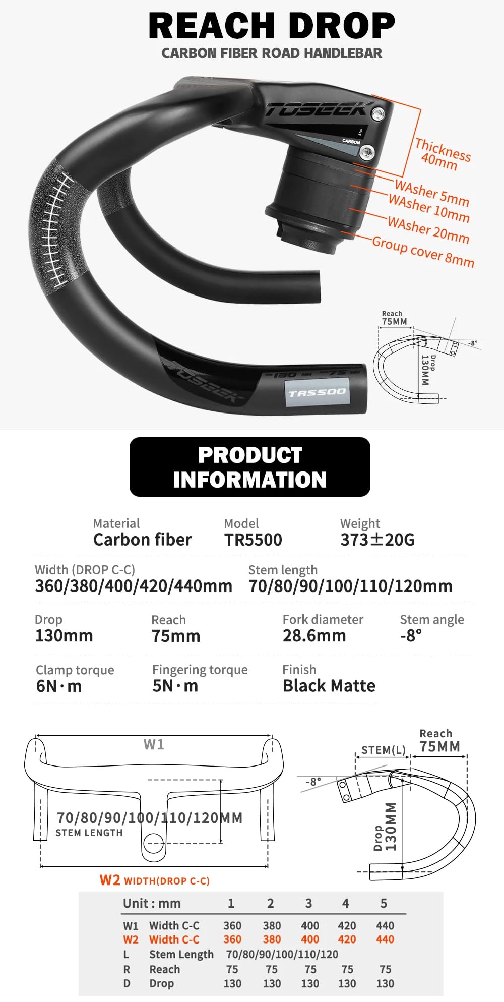 Manubrio per bici da strada in carbonio integrato, manubrio da corsa 360-440 mm, manubrio per bicicletta da strada con cavo interno, con supporto per computer per bici da strada (420 x 70 mm)