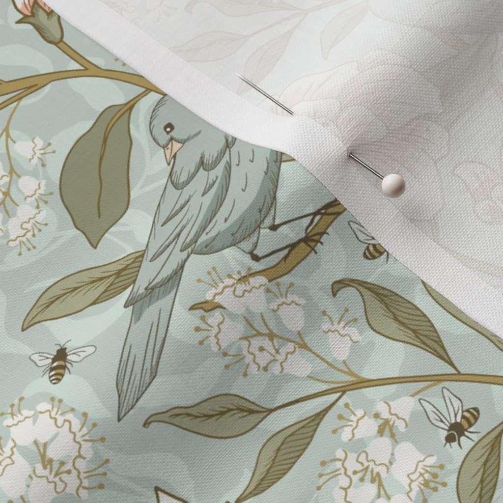 Spoonflower Fabric - Flowers and Birds Mint Sage Green Victorian Floral Printed on Petal Cotton Fabric Fat Quarter - Sewing Quilting Apparel Crafts Decor