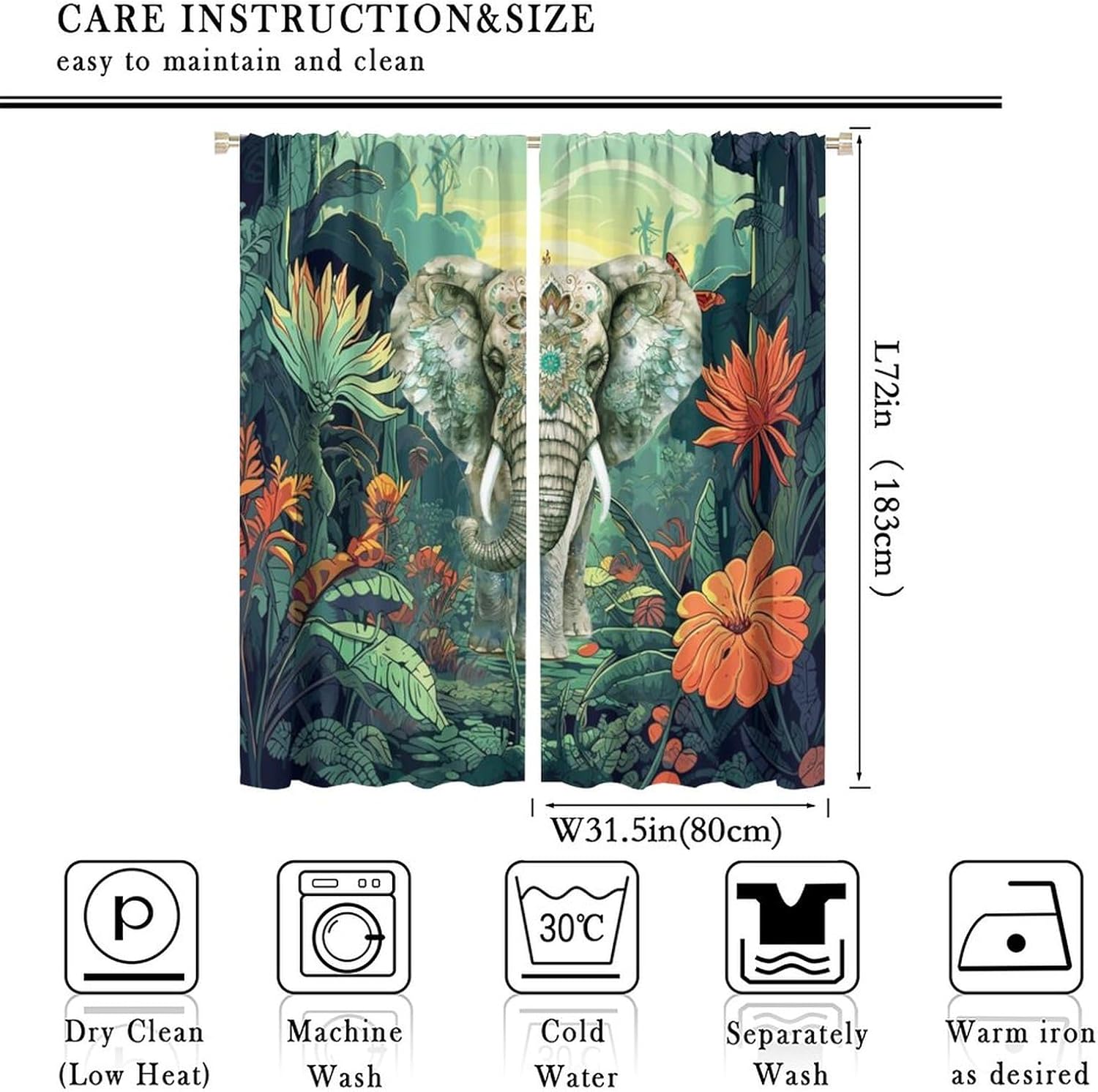 Watercolor Tropical Wildlife Elephant Curtains for Living Room, Rustic Boho Animals Summer Jungle Plants Florals Rod Pocket Thermal Insulated,Window Curtains 2 Panels 72" L x 31.5" W