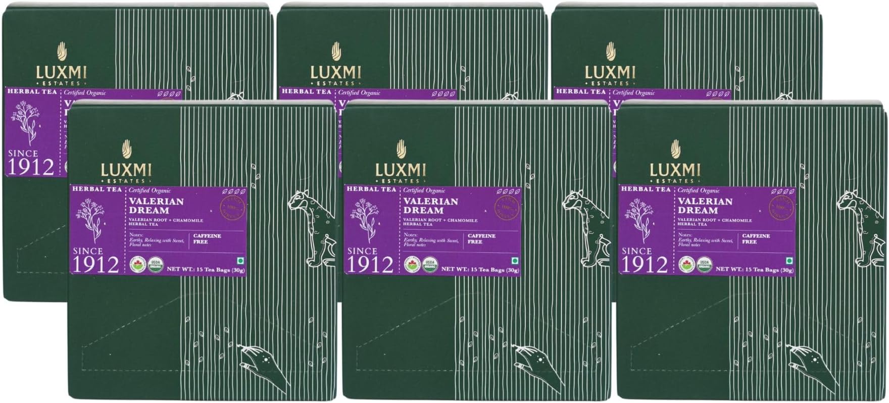 LUXMI Estates Sleep Tea With Valerian Root 15 Tea Bags (30 gram) (Pack of 6), With Chamomile, Lavender & Valerian Root | Caffeine Free Tea Bags For Insomnia Anxiety & Stress Relief, Relaxation, Restful and Peaceful Sleep With Wellness Herbal Tea, 90 Cups