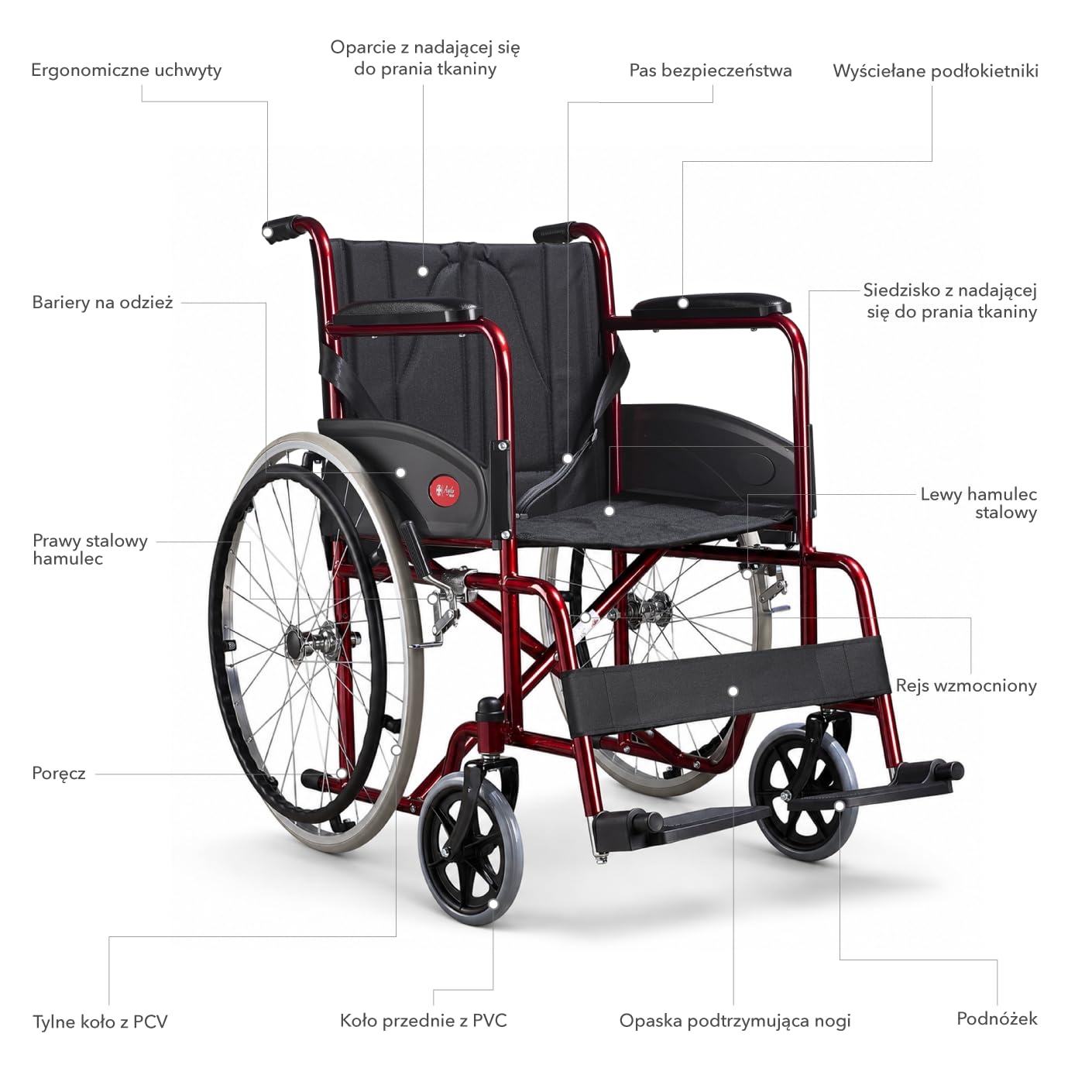 AIESI® Wózek Inwalidzki lekki składany dla osób niepełnosprawnych i starszych AGILA BASIC, Naprawiono podłokietniki i podnóżek, pas bezpieczeństwa, Gwarancja 24 miesiące