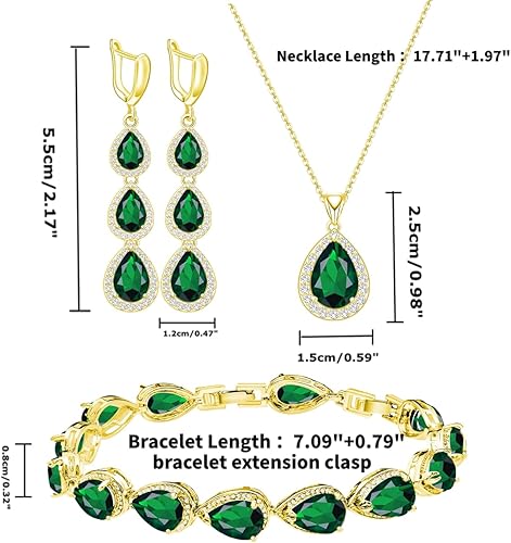 Vista 6 de LMXXVJ Juego de collar y aretes largos, chapados en oro blanco, juego de joyas de zafiro azul creado, joyería de regalo para boda, fiesta, joyería