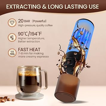 SOPPY Portable Coffee Machine with Coffee Drip Stand, Espresso Machine, Camping Mini Coffee Machine, Capsule Machine, Self-Heating, Compatible with Ground Coffee & Coffee Capsules, Grey