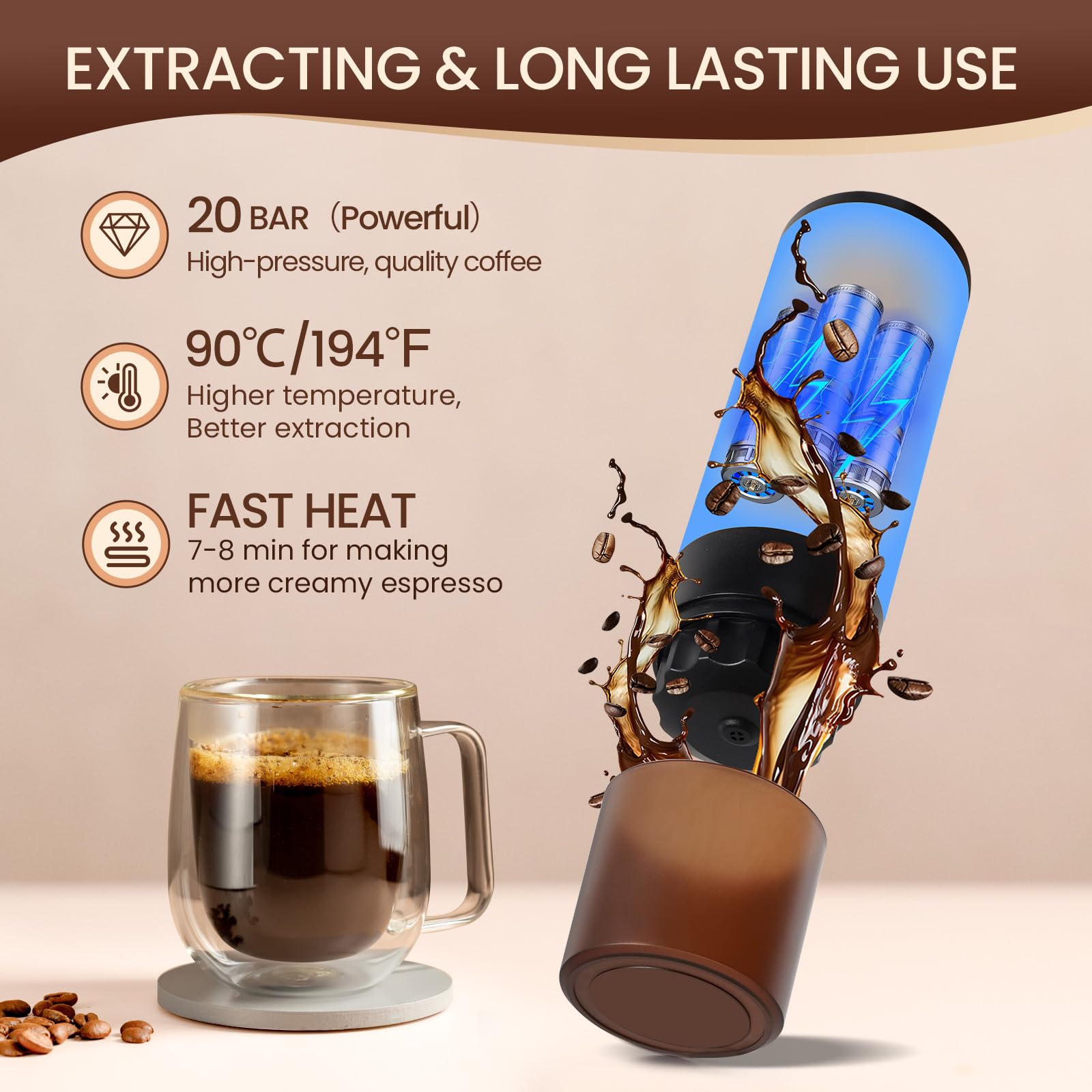 LAMA Machine à café portable, machine à expresso électrique avec Support, mini machine à capsules, compatible avec les capsules et le café moulu, chauffe instantanée, pour camping voyages, Noir