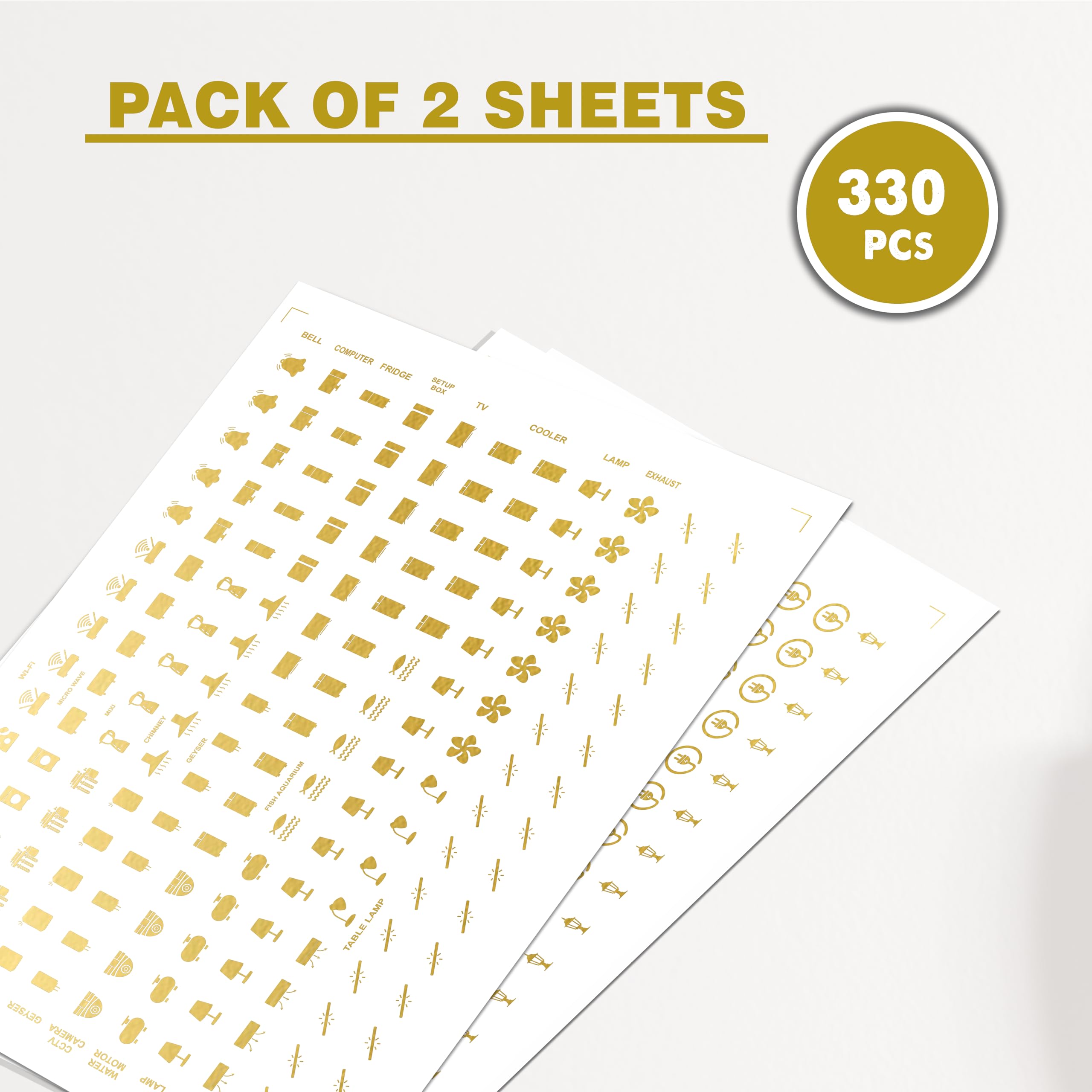 Flybuyhub Gold Switch Stickers for Switch Board | Golden Embossed Pack of 330 Stickers for Home Including Fan, Light and Many More 1