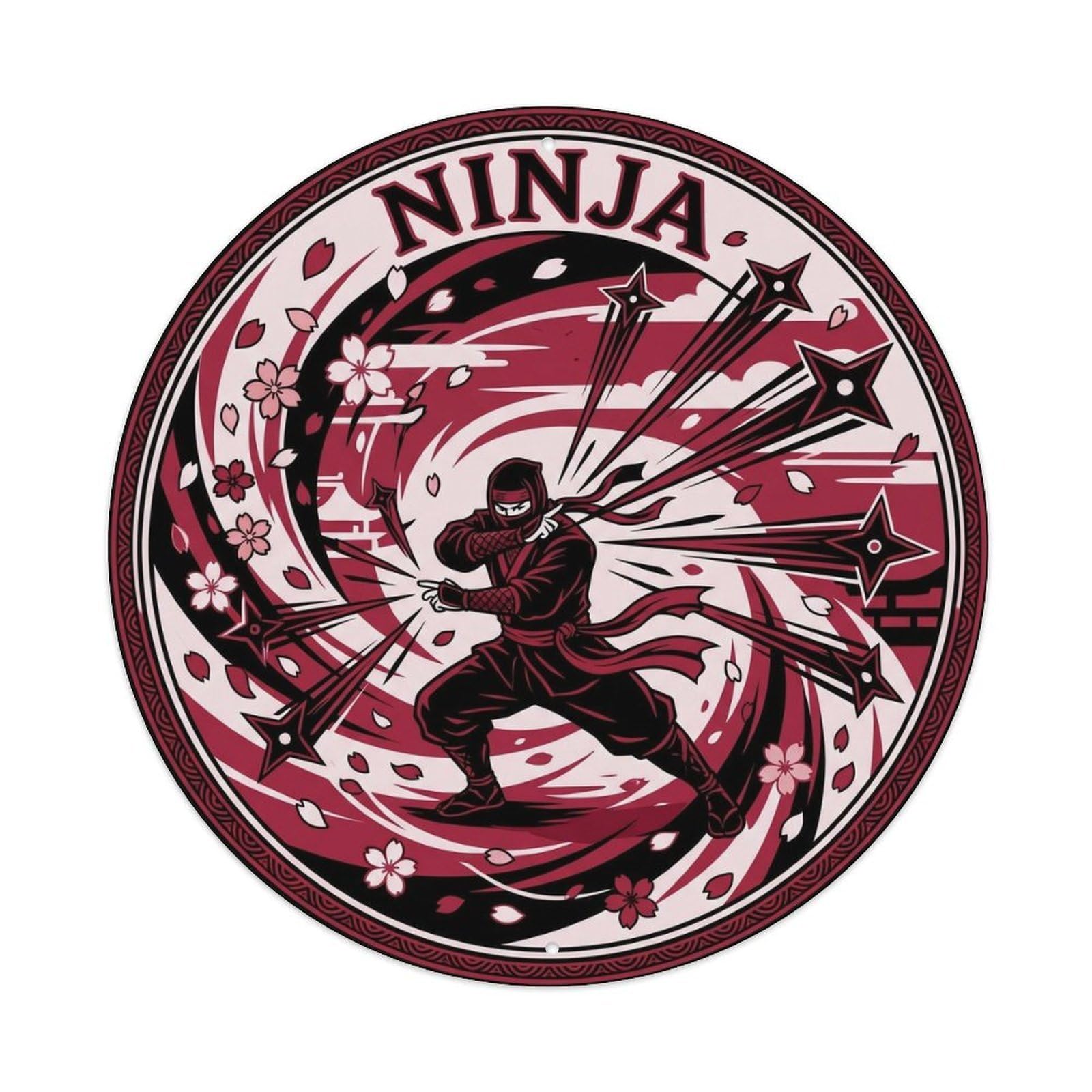 Olyhtr 8X8inch Classic Style Ninja Shuriken Throw Woodblock Crimson Black Metal Tin Sign