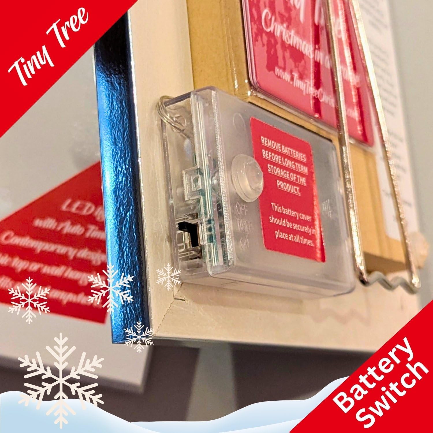 Tiny Christmas Table Top Tree 665 with LED Lights - Modern Lighted Decorations for Home Fireplace Mantle Shelf - Small Wall Hanging Timer Holiday Decor (Red Background, Red Frame, Silver Garland)