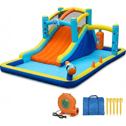TABU Bounce House with Slide, Inflatable Castle with Splash Pool Water Cannons, Outdoor/Indoor Bouncy House with Air Blower, Ball Pit, Boxing, Climbing Wall, for Kids Aged 3-12(187.2x112x73.2IN)