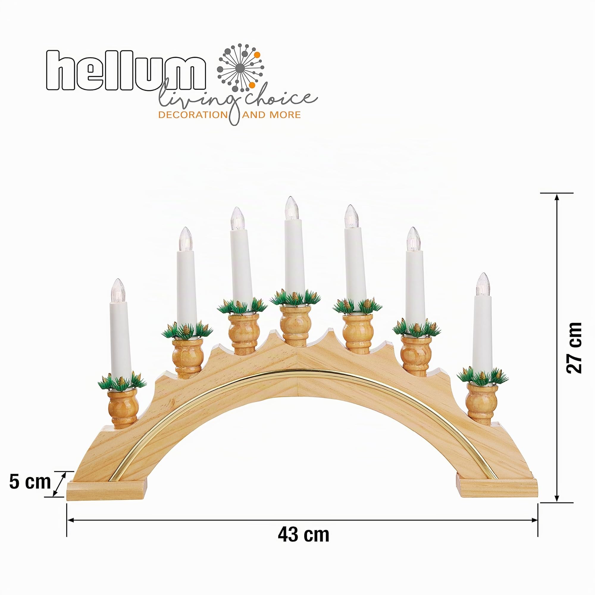 hellum Schwibbogen Weihnachten, 43x27cm, Lichterbogen Weihnachten mit Strom und Schalter, Schwibbogen mit 7 Filament Kerzen (+2 Ersatz), Fensterbeleuchtung für Innen, 873306