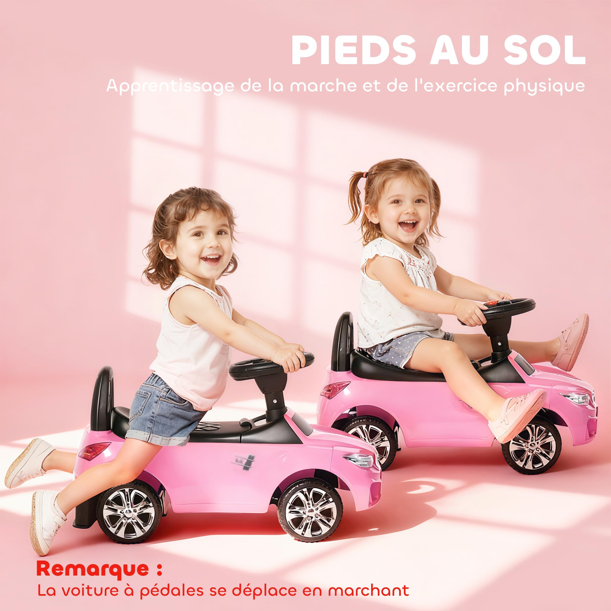 HOMCOM Voiture à Pousser Enfants avec Coffre à Jouets, Klaxon, Phares, Musique, 18-36 Mois, Rose