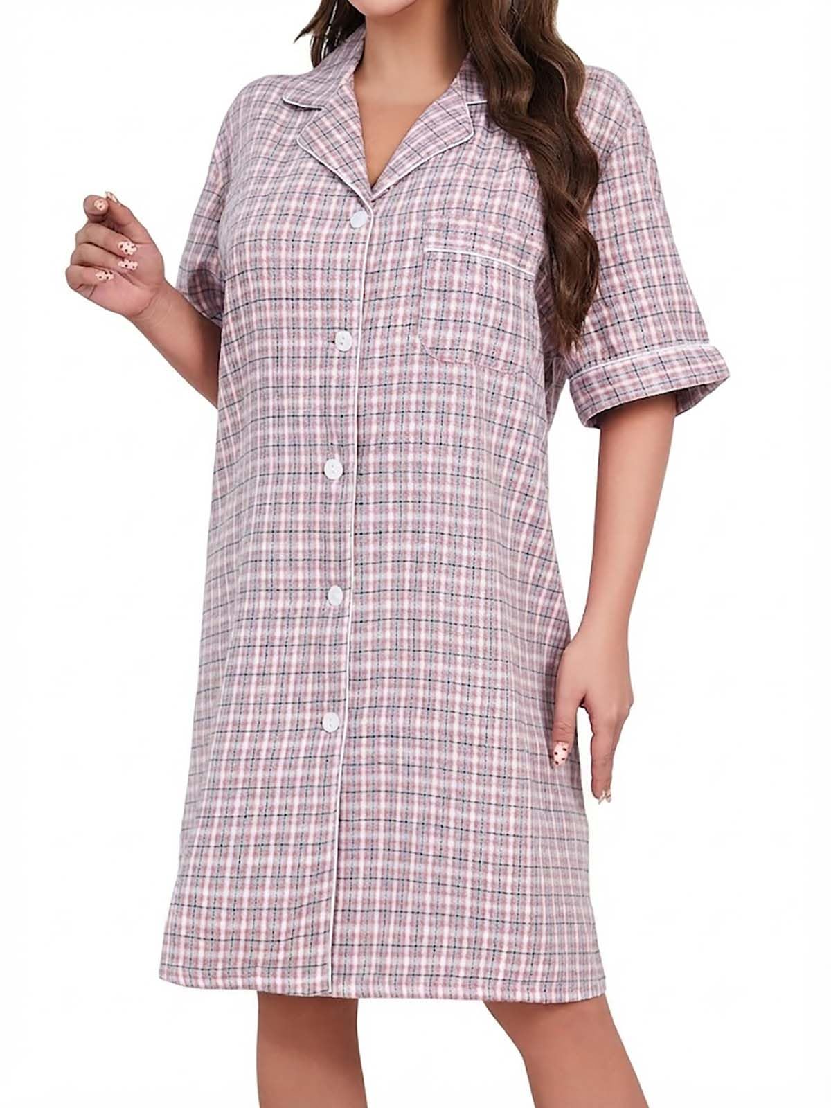 purpleq Camisón de Tallas Grandes a Cuadros Manga Corta con Botones para Dormir | El diseño de cuadros clásico y el tejido transpirable ofrecen un ajuste cómodo para descansar.