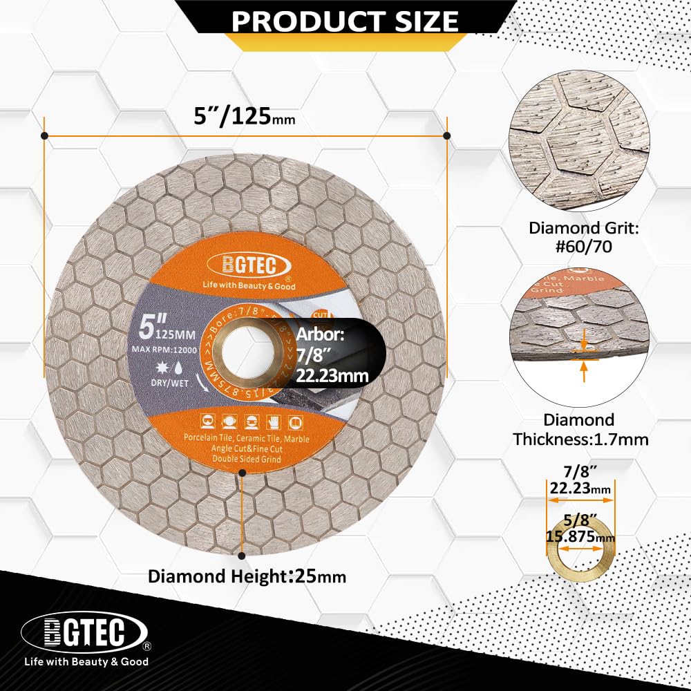 BGTEC Discos de Corte Diamantados - 125mm Disco de Corte para Cerámica, Porcelana, Mármol, Piedra Artificial, Hexágono Doble Cara