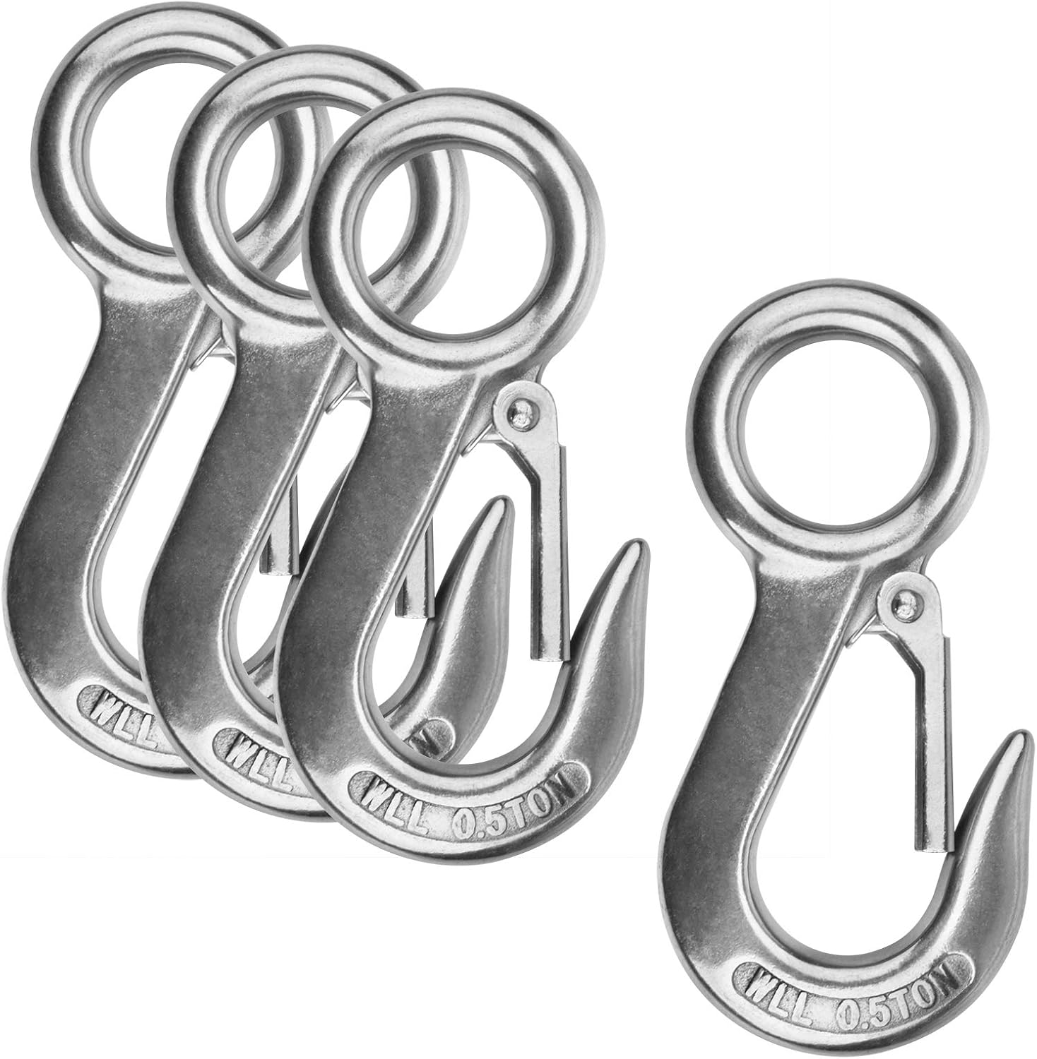4 Pack 4-5/8" Fast Eye Safety Snap Hook for Boat, 304 Stainless Steel Heavy Duty Spring Hook, Marine Carabiner, Load 1100 lbs