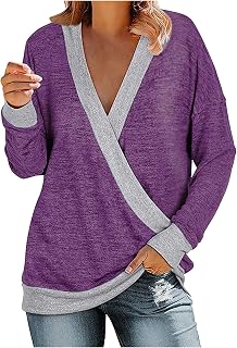 AaaozKjie Long Sleeve Women's Pullover Autumn Shirt Wrap Patchwork Fashion Casual Top Shirt Long Sleeve Colour Block Tops Shirt Tops Women's Autumn