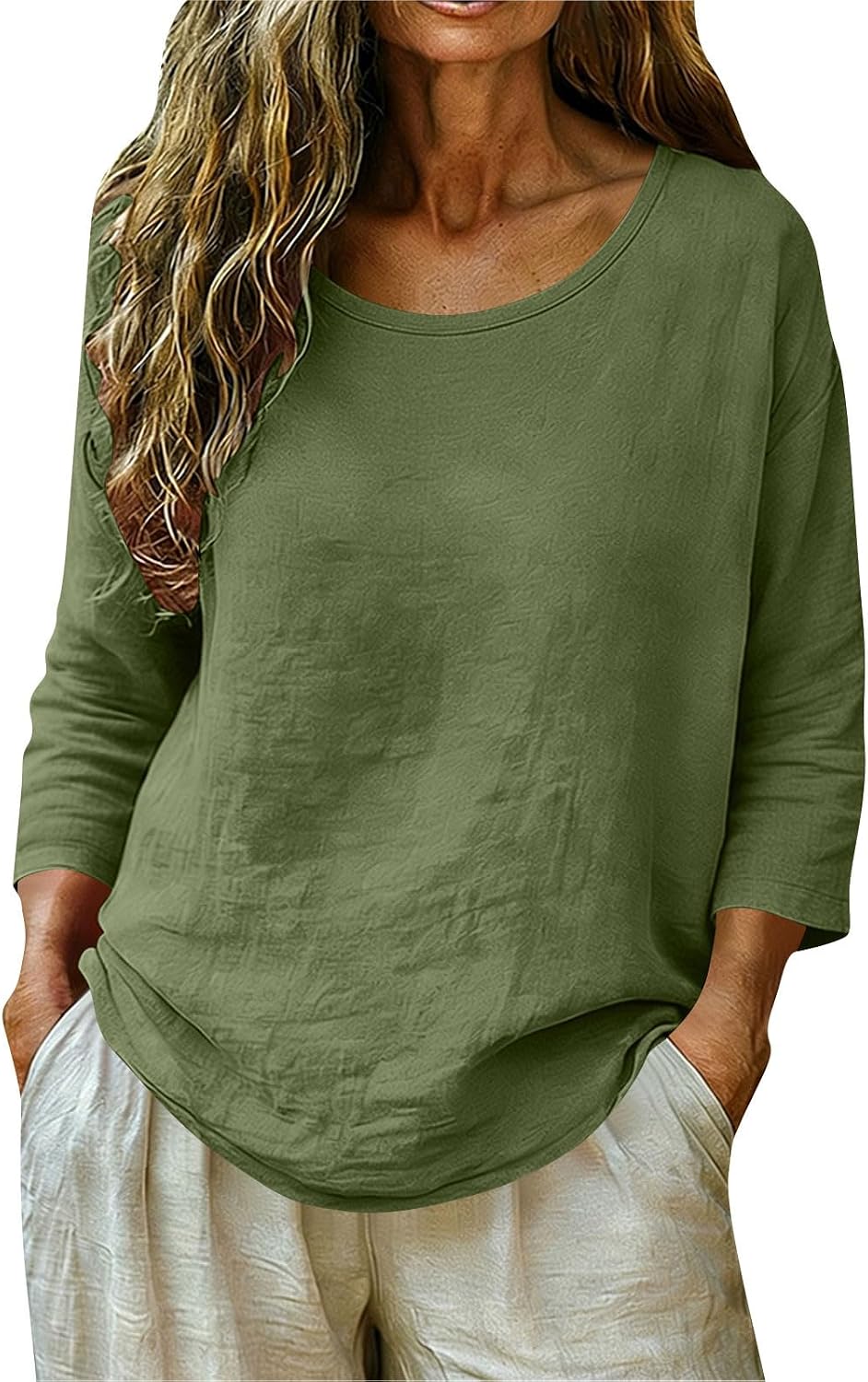 Womens 3/4 Sleeve Cotton Linen Shirts Round Neck Casual Loose Fit Solid Color Blouses Spring Summer Fashion Tops