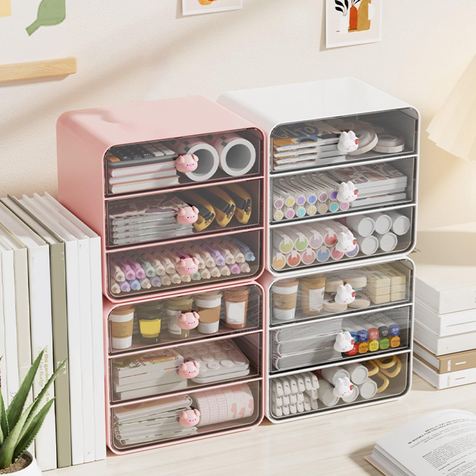 Sonew Organizer da Scrivania con 3 Cassetti, Organizer per Cosmetici in Plastica, Contenitore da Scrivania per Ufficio, Dormitorio, Scuola, Casa (Grande porcellino rosa)