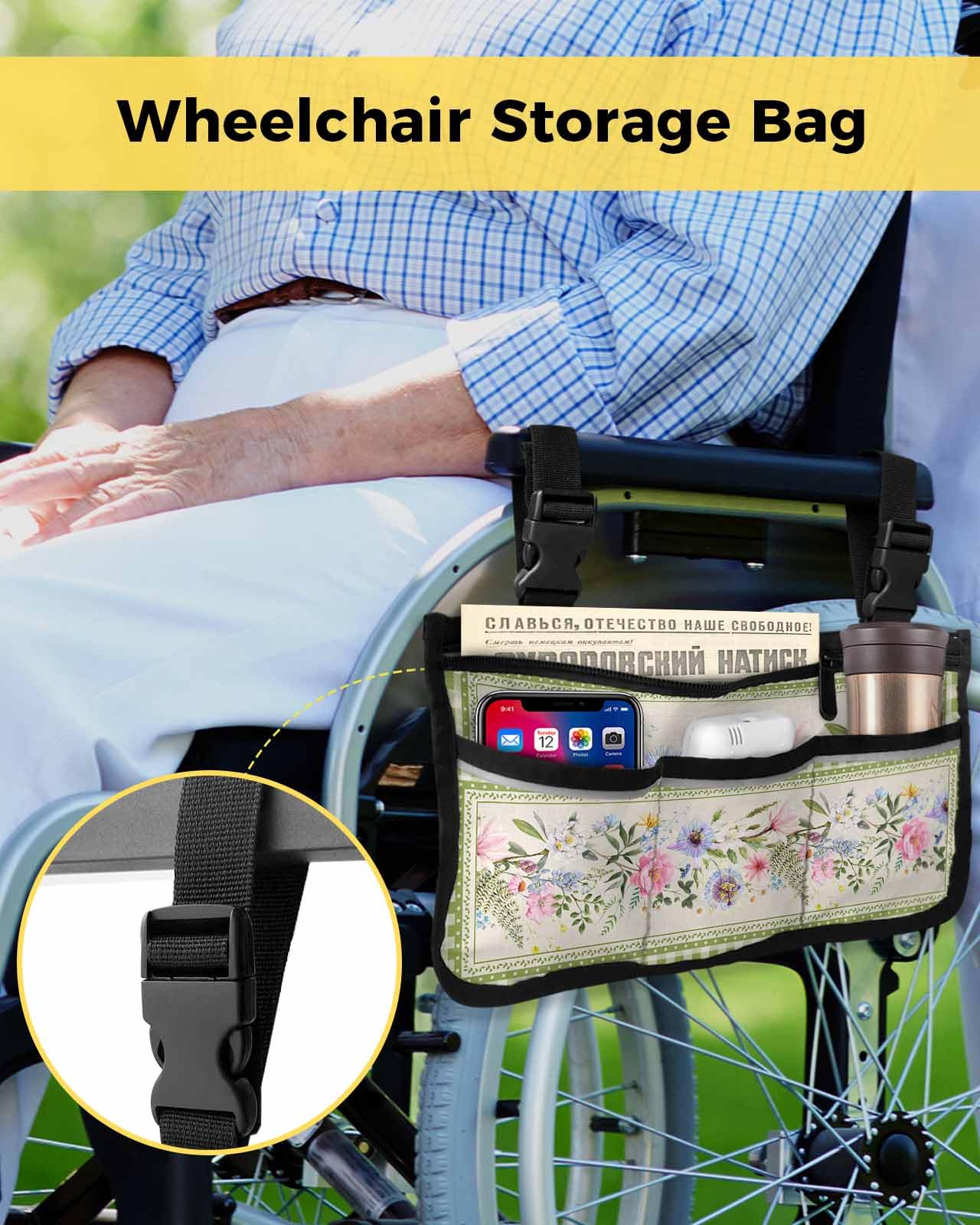 Spring Floral Wheelchair Side Bag Walker Bag, Summer Rustic Flowers Green Plaid Wheelchair Accessories Armrest Pouch, Organizer Storage Bag for Walkers, Rollators, Scooters, 7.3''x13''