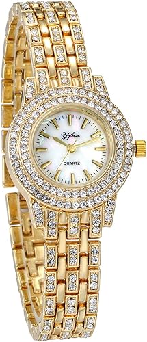 JewelryWe Women Watches Gold Tone Alloy Rhinestone Quartz Watch Stylish Bling Dress Watch Wristwatches for Christmas
