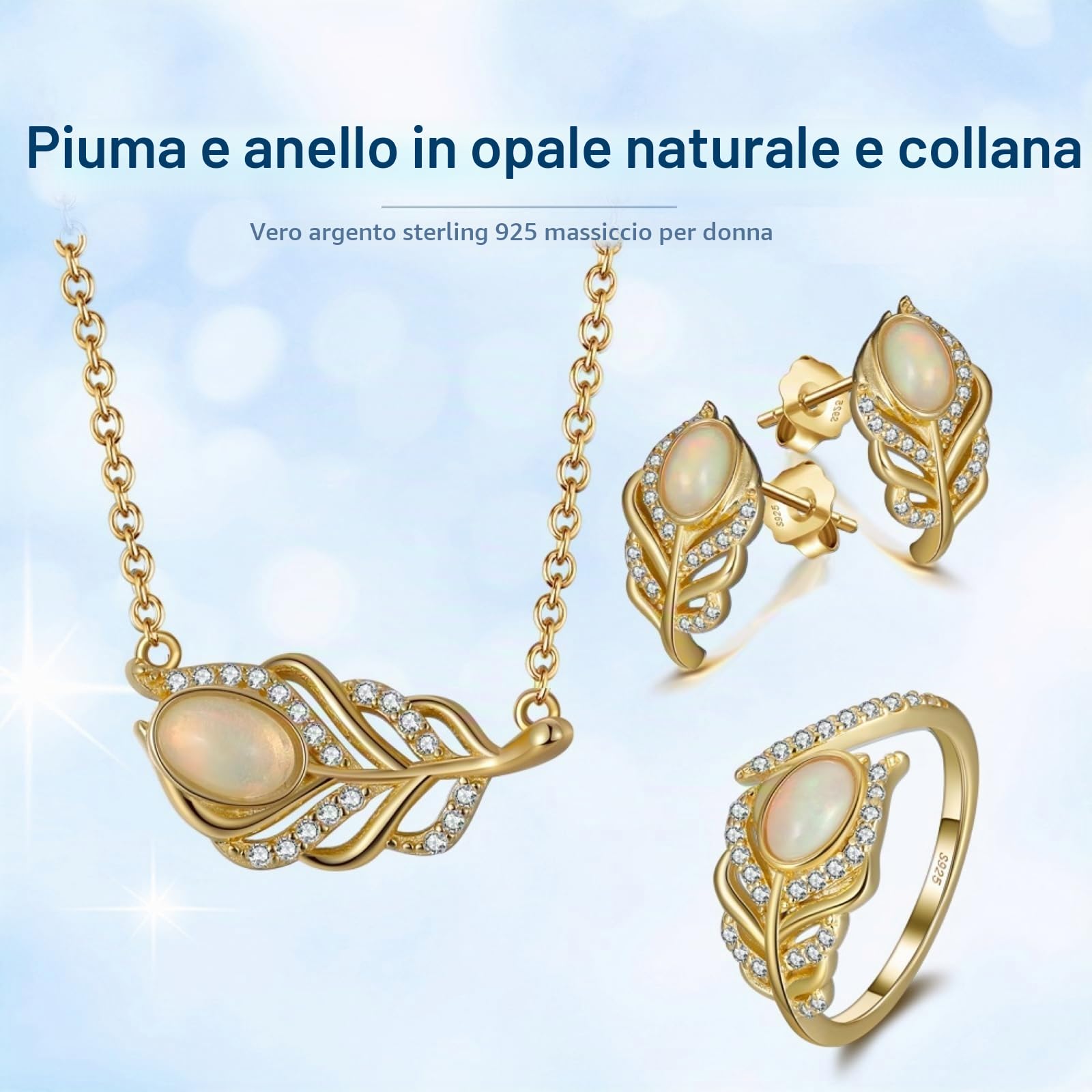 Anello di Fidanzamento Argento 925 Disegno Piuma Anello Regolabile con Opale Naturale e Zirconi per Donna Ragazza
