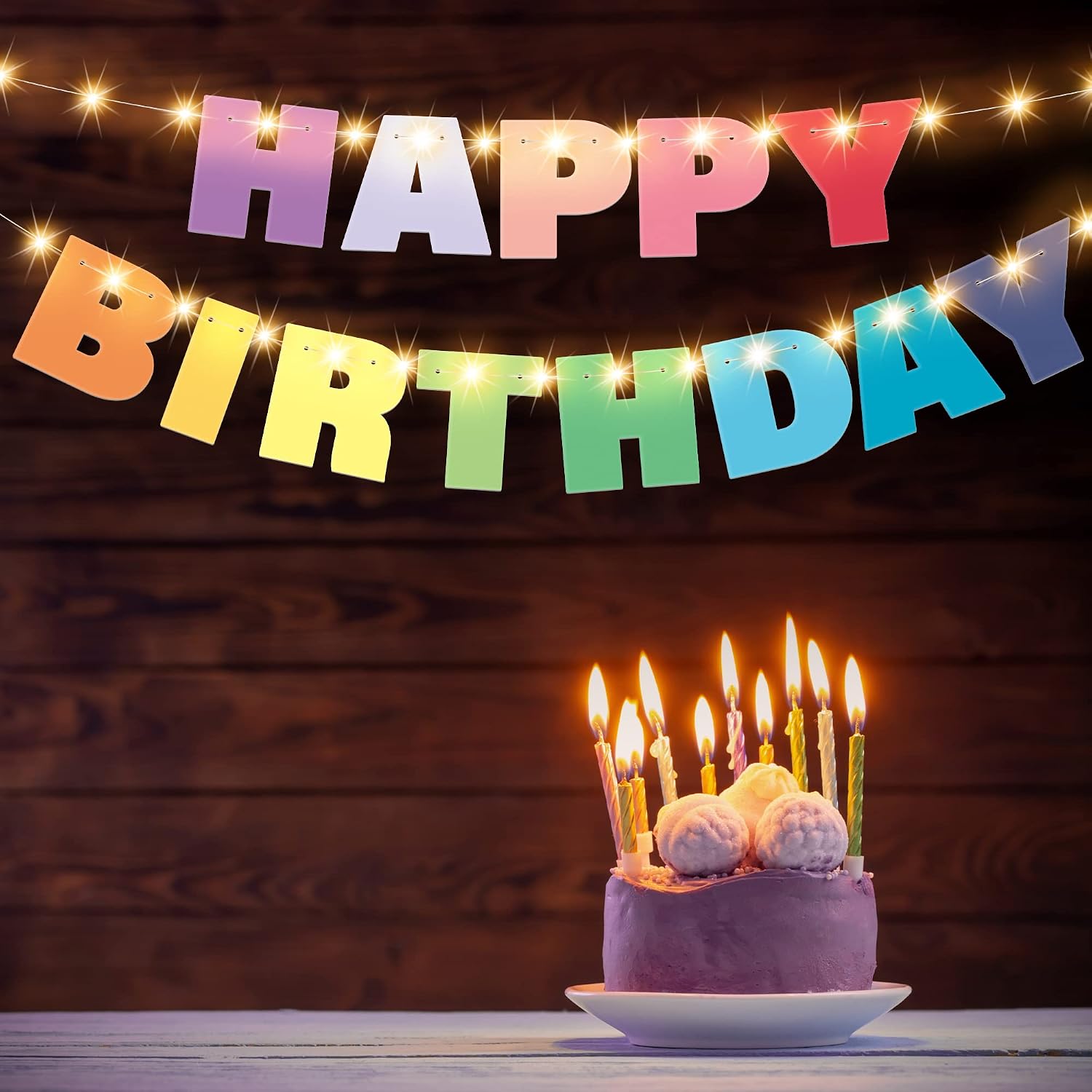 Happy Birthday Letters Banner Happy Birthday Garland Decoration and 9.8 Feet Copper Wire Lights Birthday Banner Lights String for Birthday Party Decor Home Office Decor (Colorful Rainbow)