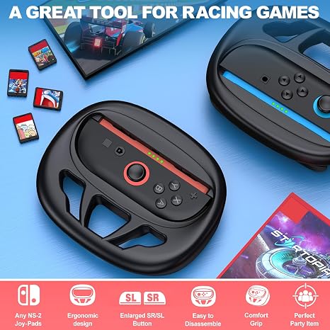 Switch 2 Steering Wheels Compatible with Nintendo Switch Joy-Con 2, 2 packs Racing Wheels for Mario Kart World/ 8 Deluxe,Larger SL/SR Buttons,Family Use Switch 2 Game Accessories (Black)