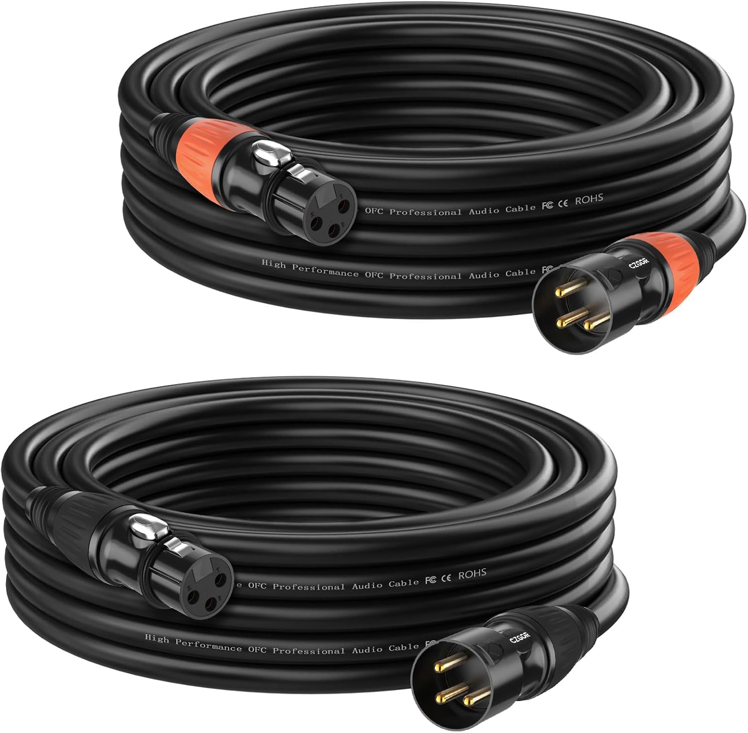 DMX Cable 15ft 2 Pack, 3-Pin Gold Plated XLR Male to Female Cables, Compatible with Microphone, Stage Light DMX512, Mic Mixer, Band and More, Black Orange